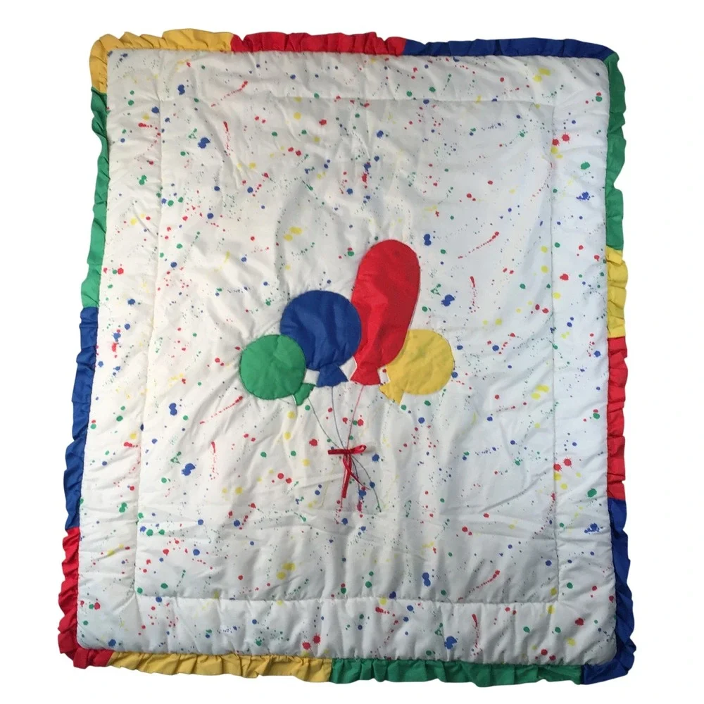 Vtg Baby Quilt 37x45‎ Blanket White Paint Splatter Balloon Applique Ruffle Trim